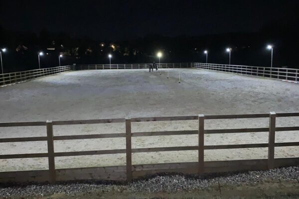 A recent 70m x 30m complete with solar lighting Equi Arenas